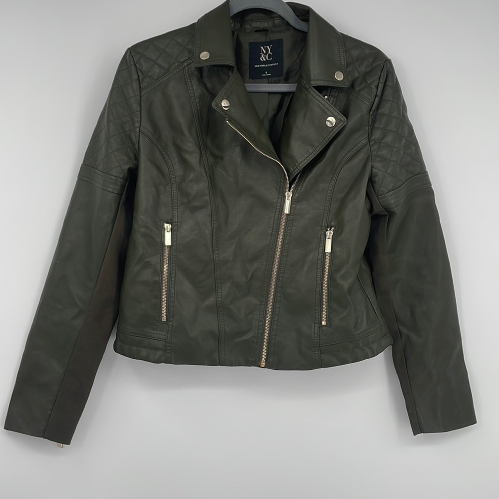 NWOT Green Faux Leather Motor Jacket, New York & Company Size S